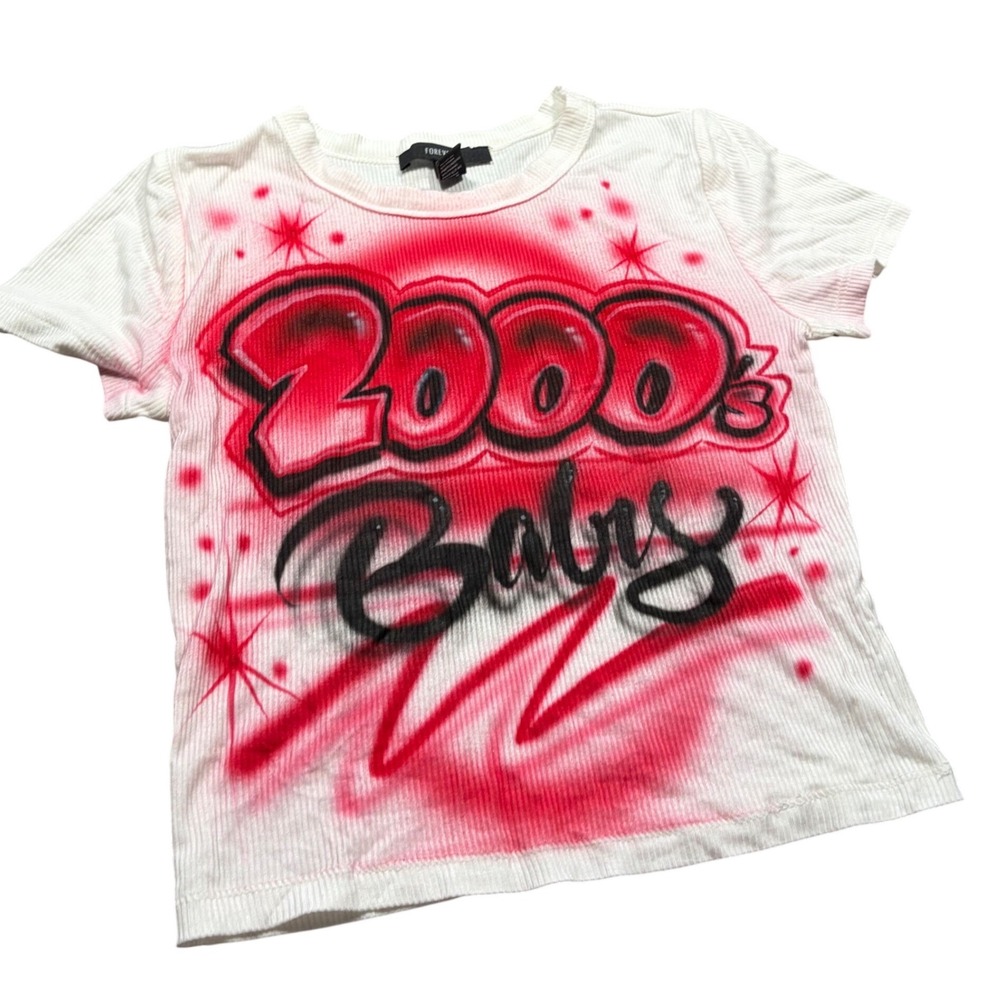 Y2K Inspired 2000s Baby Airbrush Graphic Ribbed Crop Top White Red XS